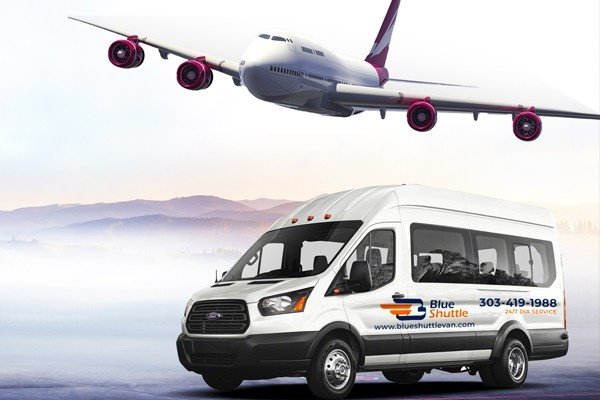 A blue shuttle van parked at Denver Airport with a plane in flight above